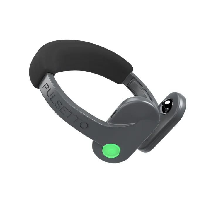 Pulsetto Lite neckband device in grey with its green button, from the seller's materials